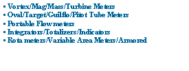 Text Box:  Vortex/Mag/Mass/Turbine Meters Oval/Target/Guilflo/Pitot Tube Meters Portable Flow meters Integrators/Totalizers/Indicators Rota meters/Variable Area Meters/Armored